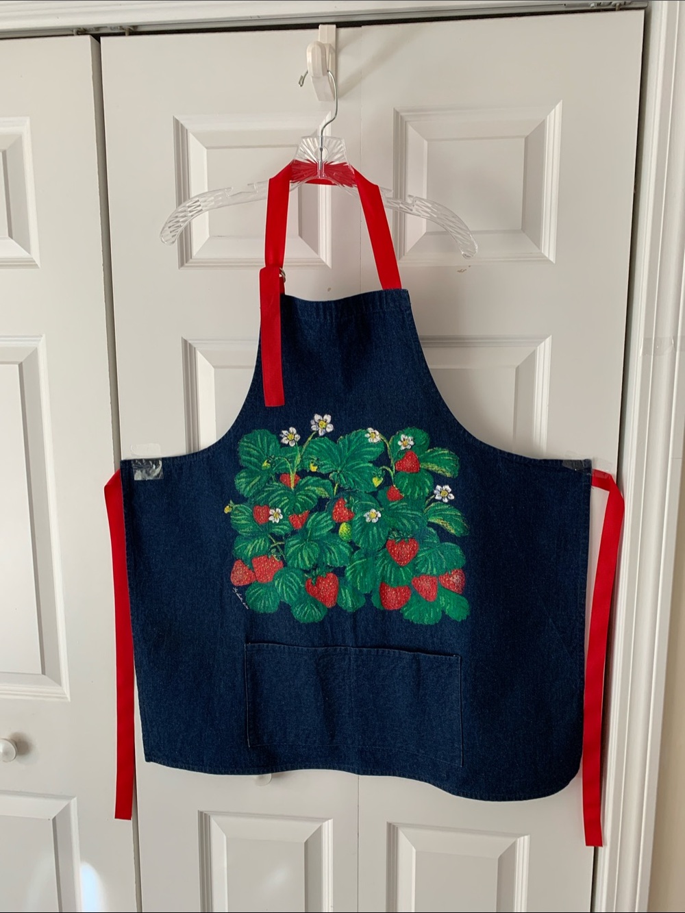 Denim Apron with Strawberry Garden Print and Red Ties